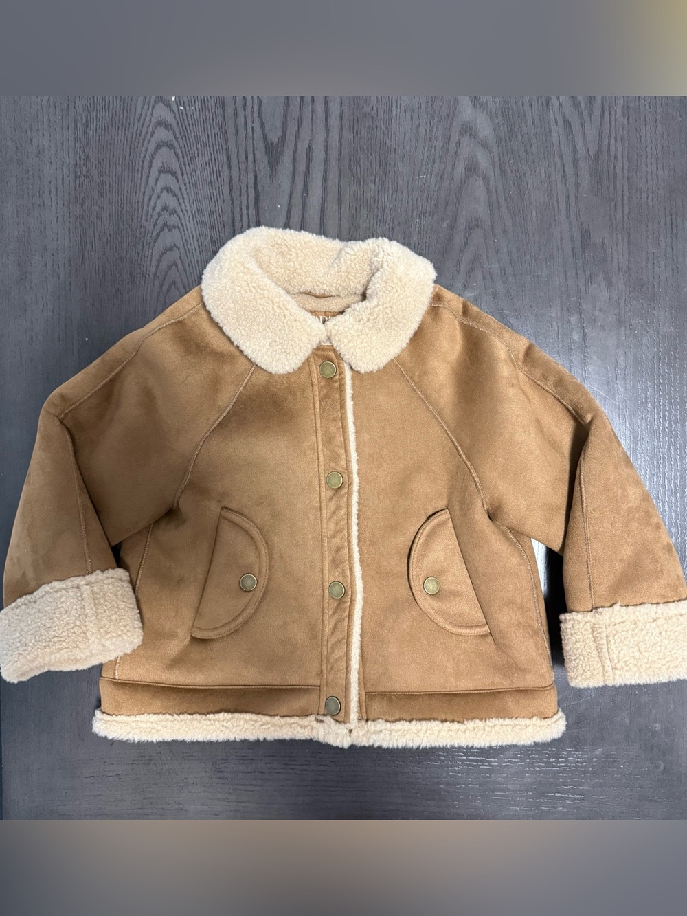 ZARA Girls Faux Suede Shearling Jacket Brown Cream Size 6 Years 116